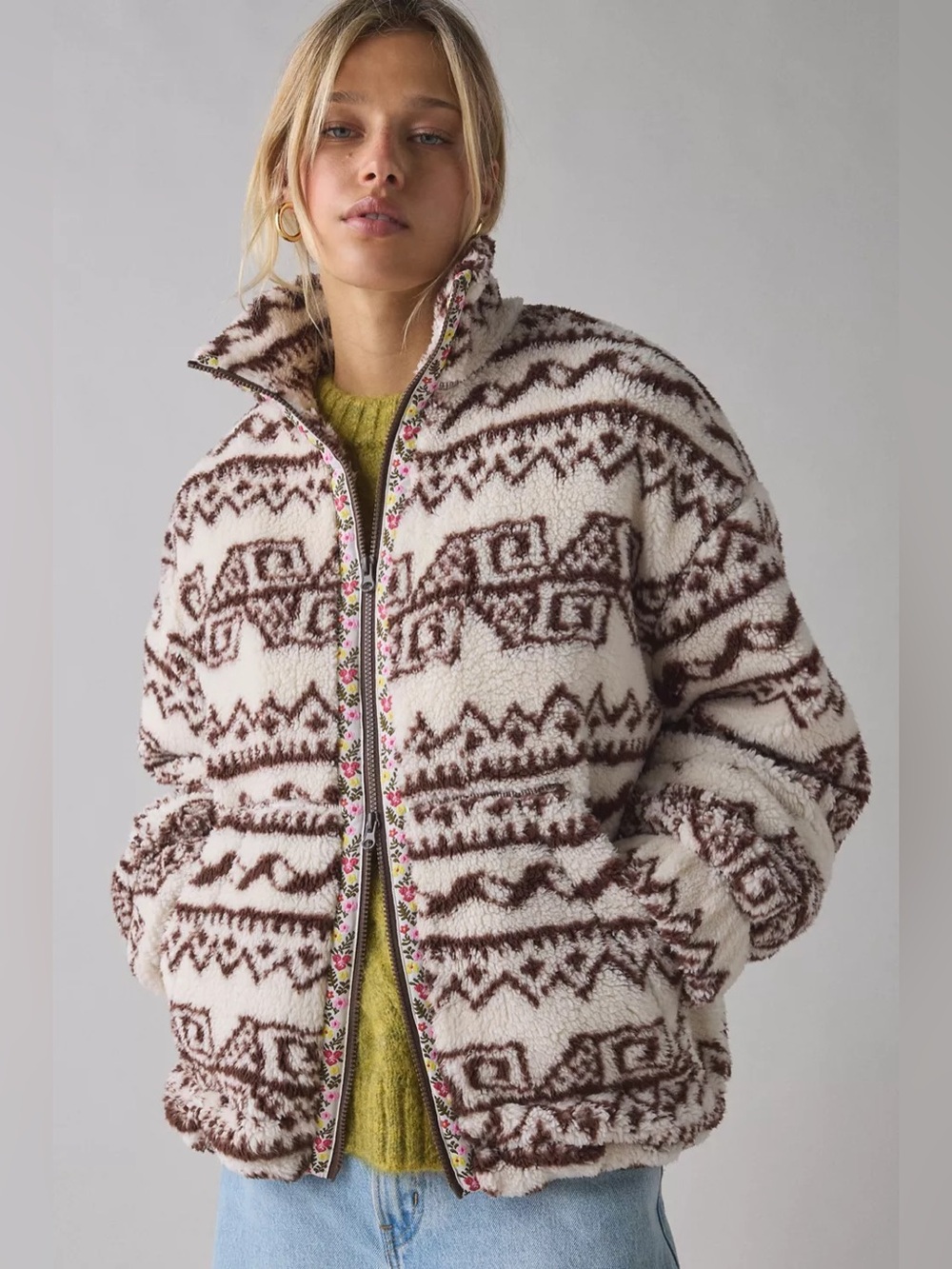 Urban Outfitters BDG Mae Printed Piled Fleece Zip-Up Jacket